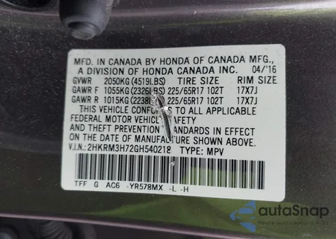 2016 Honda Cr-V Ex-L from USA, damaged, VIN 2HKRM3H72GH540218